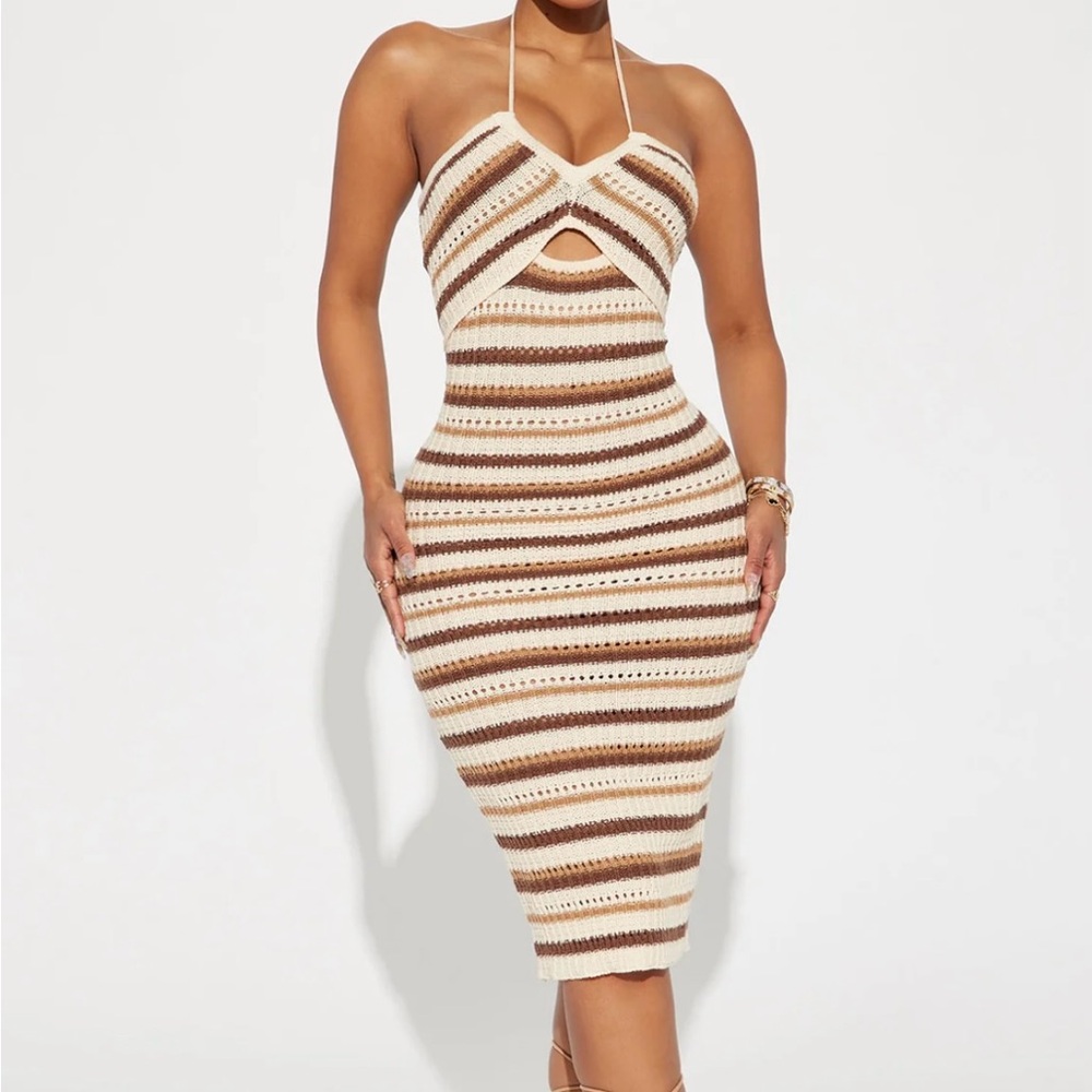 Fashion Nova Striped Midi Dress - Cream and Brown